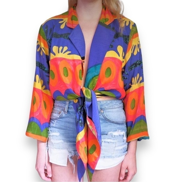 Vintage Jackets & Blazers - Dorothy Schoelen Platinum Psychedelic Tie Front Long Sleeve Blouse 80s VTG Small